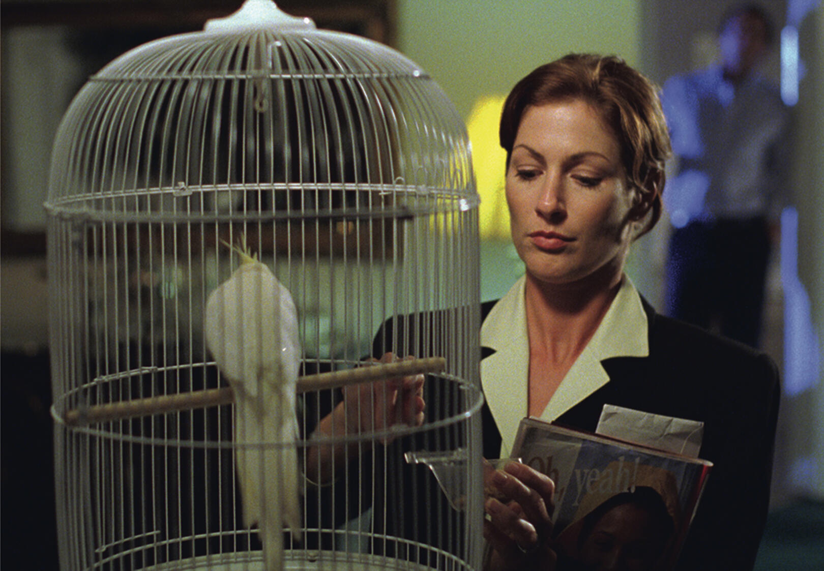 Expansive depth with framing image of woman in front of a birdcage.